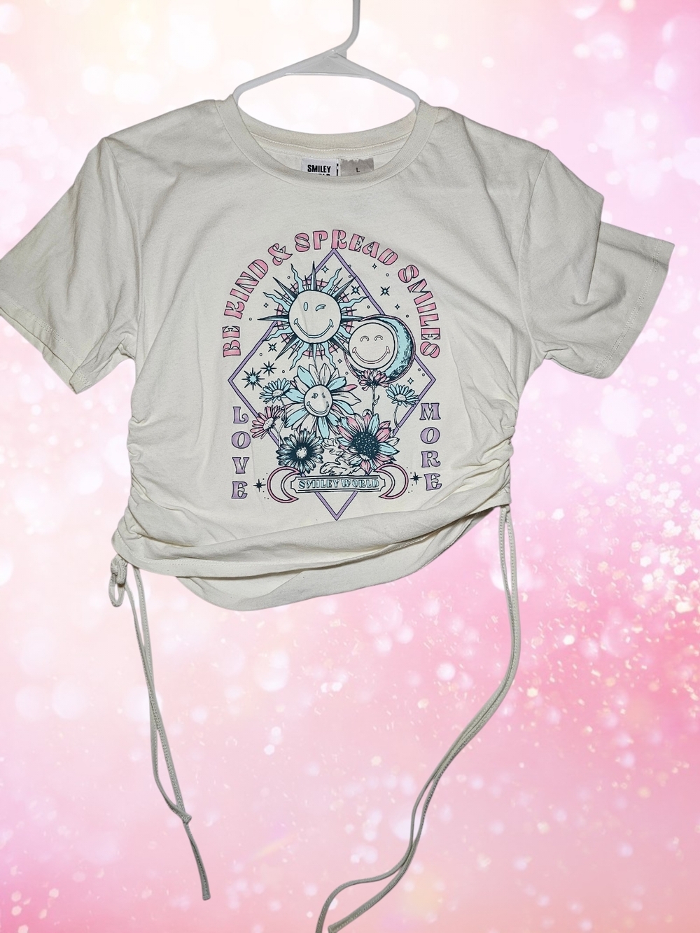 Smiley World Ruched Baby Tee Kids Large Pastel Graphic Crop Top Y2K Fairycore